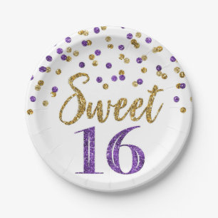 Assiettes En Carton Purple Gold Confetti Sweet 16 Anniversaire