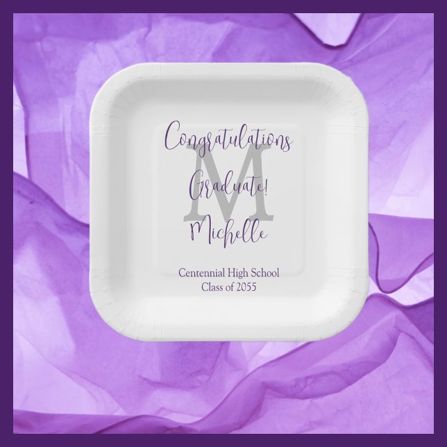 Assiettes En Carton Purple Grey Blanc Monogrammé Parti de Graduation (Créateur téléchargé)