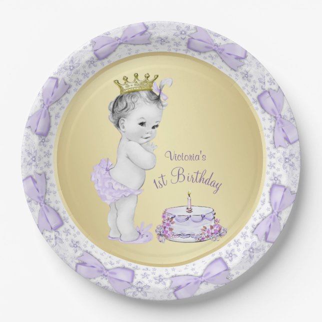 Assiettes En Carton Purple Lavender Gold Princesse 1er anniversaire (Devant)
