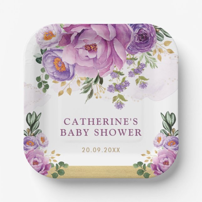 Assiettes En Carton Purple Lilac Jardin Floral Baby en Fleur Douche (Recto)