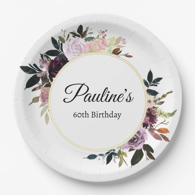 Assiettes En Carton Purple Mauve Rose Floral 60e fête d'anniversaire (Devant)