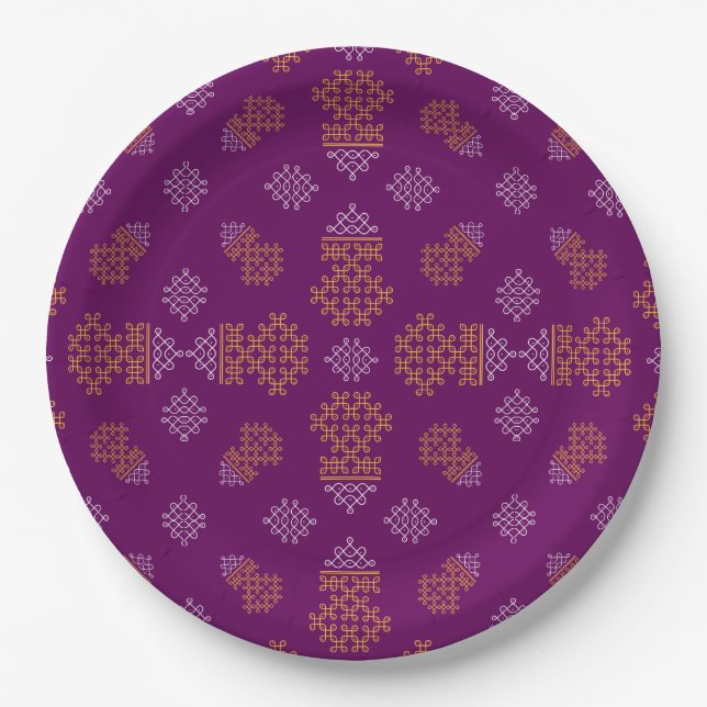 Assiettes En Carton Purple Minimal Tamil Kolam Pongal Design (Devant)