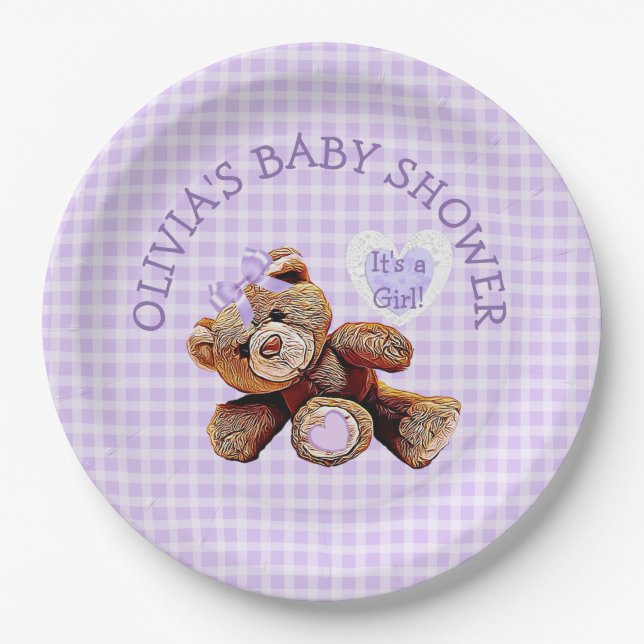 Assiettes En Carton PURPLE Teddy Bear Plaques de papier Baby shower (Devant)