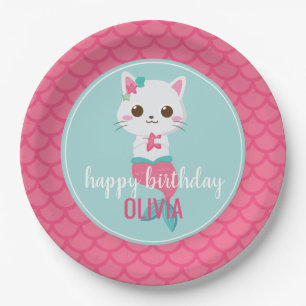 Assiettes En Carton Purrmaid Sirène Kitty Rose Anniversaire