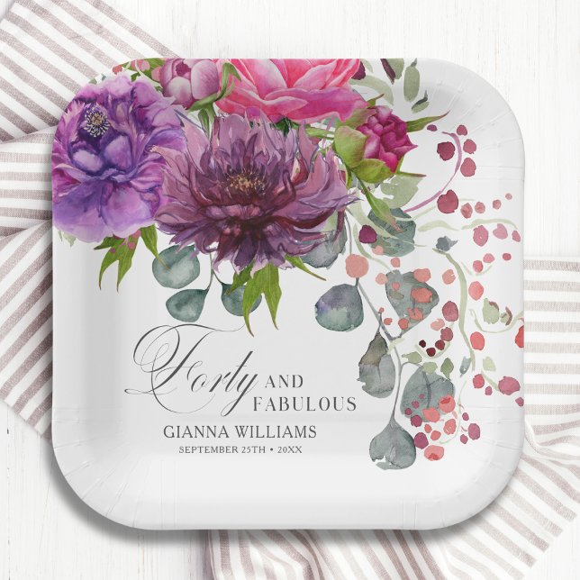 Assiettes En Carton Quarante et fabuleux Elégant Floral 40e anniversai (Créateur téléchargé)