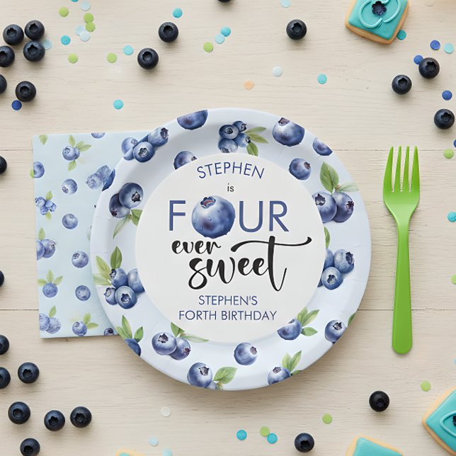 Assiettes En Carton Quatre anniversaire de enfant de bleuets toujours  (Créateur téléchargé)