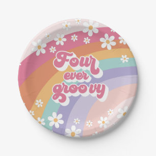 Assiettes En Carton Quatre fois groovy rétro arc-en-ciel 4e anniversai