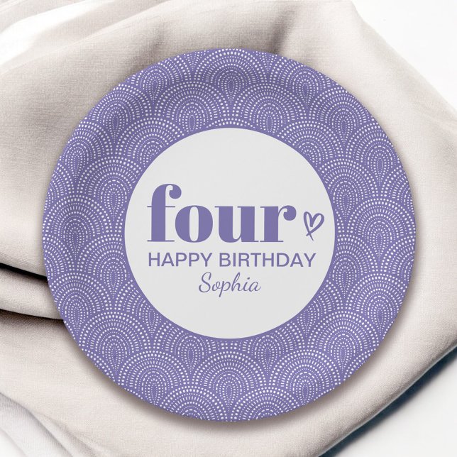 Assiettes En Carton Quatre Simple Purple 4e anniversaire avec nom (Créateur téléchargé)