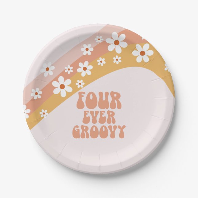 Assiettes En Carton Quatre Toujours Groovy Rétro Daisy Anniversaire Ar (Devant)