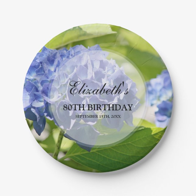 Assiettes En Carton Quatre-vingtième fête d'anniversaire d'hortensias (Devant)
