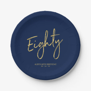 Assiettes En Carton Quatre-vingts Gold & Navy Lettering 80th Birthda