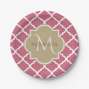 Assiettes En Carton Quatrefeuille rose avec monogramme féminin et nom