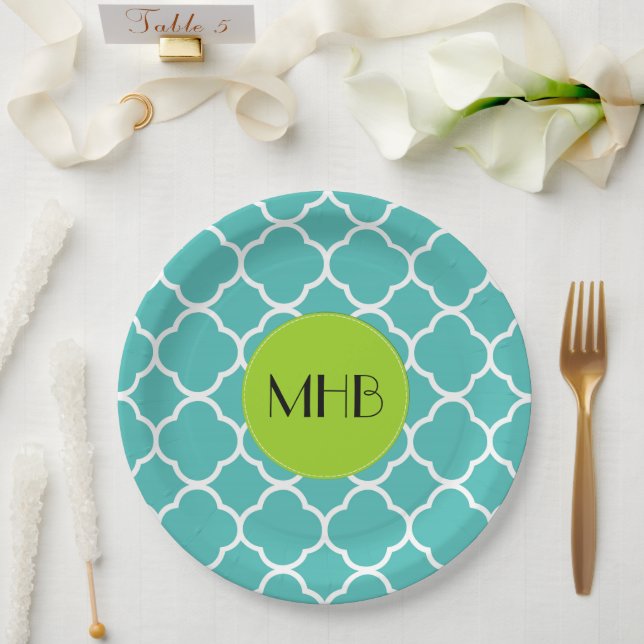 Assiettes En Carton Quatrefoil bleu, Trellis marocain, Monogramme (Mariage)