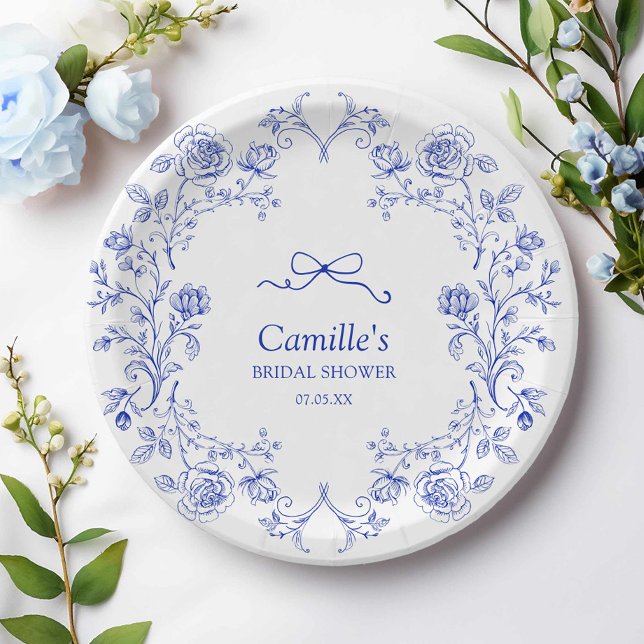 Assiettes En Carton Quelque chose de Fête des mariées Florale Bleue (Something Blue Bow Bridal Shower Paper Plates)