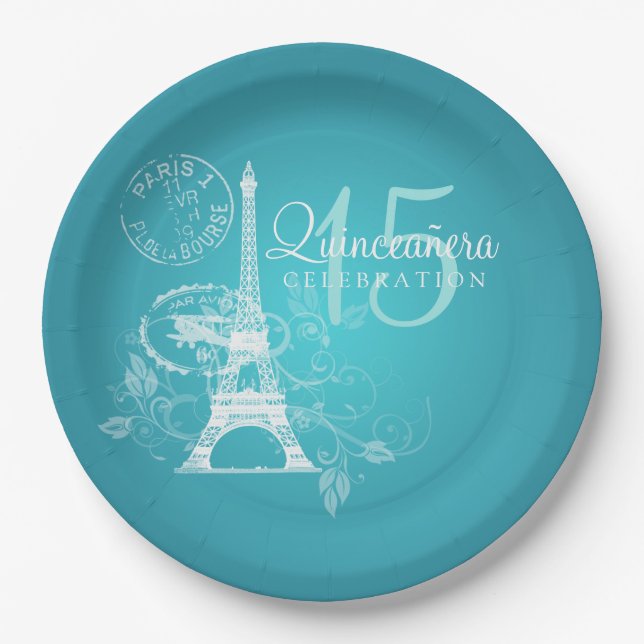Assiettes En Carton Quinceanera Anniversaire Paris Turquoise (Devant)