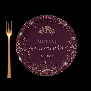 Assiettes En Carton Quinceanera Bourgogne rose or tiara nom script