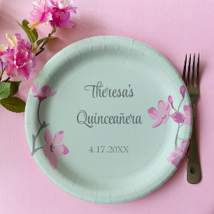 Assiettes En Carton Quinceanera en fleurs de cerisier rose et menthe v