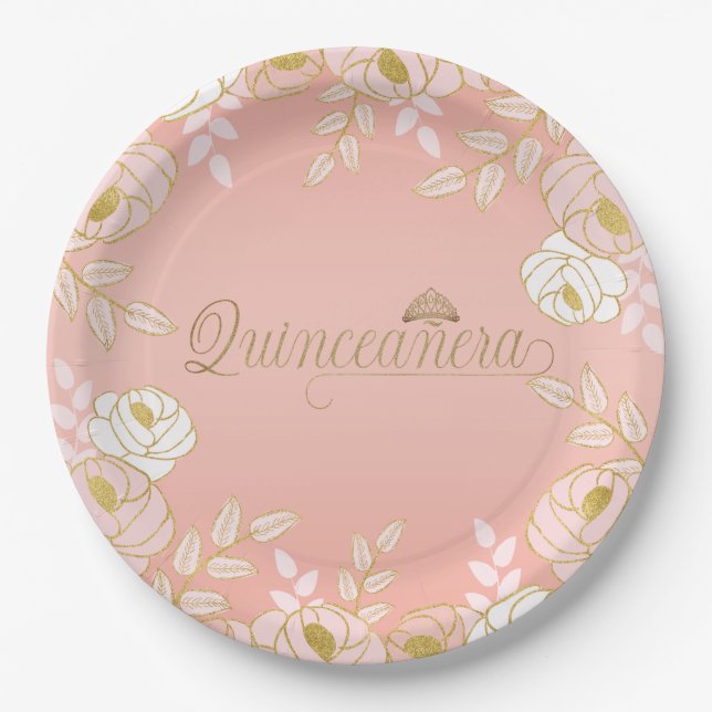 Assiettes En Carton Quinceanera et Tiara Botanique en rose et or (Devant)