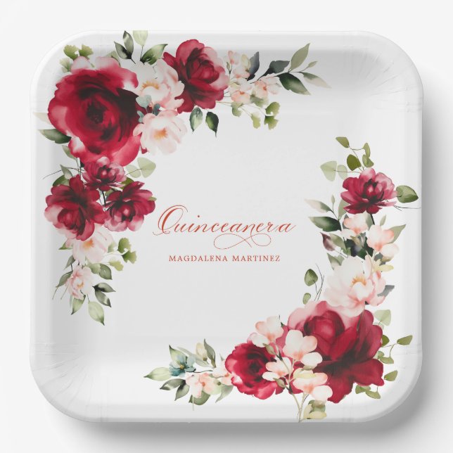 Assiettes En Carton Quinceanera fête d'anniversaire Rouge rose floral  (Recto)