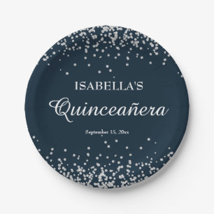 Assiettes En Carton Quinceanera Fille Paillettes Bleu Marine Argent