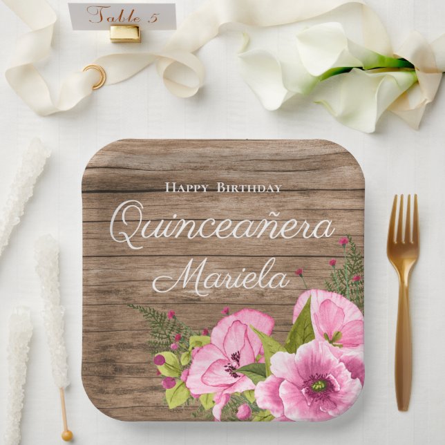 Assiettes En Carton Quinceañera Fleurs Rouges Roses Rustiques (Mariage)