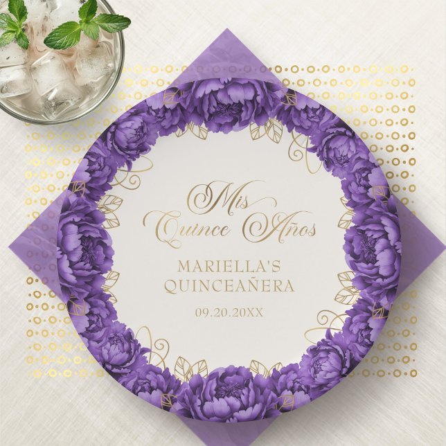 Assiettes En Carton Quinceanera florale pourpre (Créateur téléchargé)
