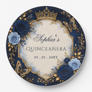 Assiettes En Carton Quinceañera Papillon Floral Or Navy