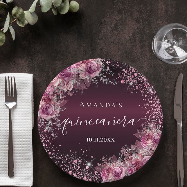 Assiettes En Carton Quinceanera parties scintillant rose bordeaux nom  (Créateur téléchargé)