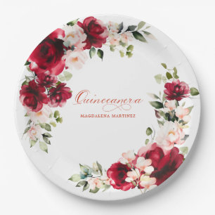 Assiettes En Carton Quinceanera Party Rouge rose Floral papier personn