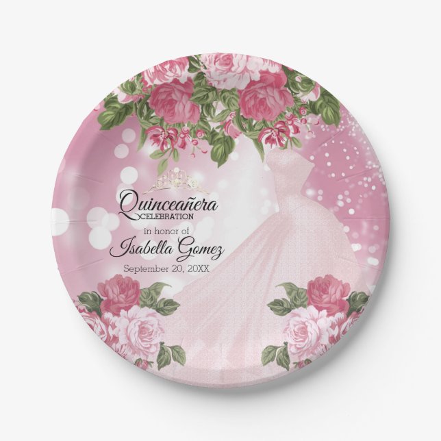 Assiettes En Carton Quinceañera Pink Mauve Gown and Flowers (Devant)