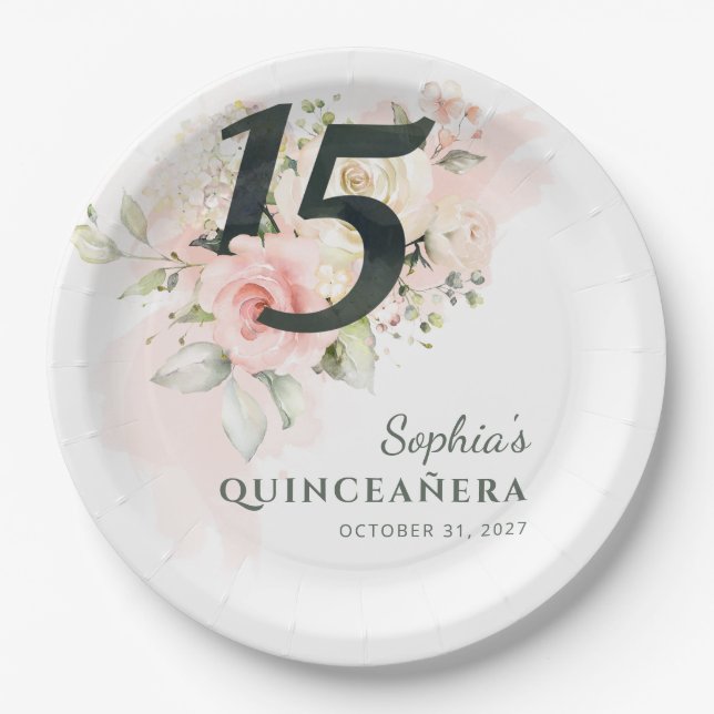 Assiettes En Carton Quinceanera Rose Floral Rustique 15ème anniversair (Devant)