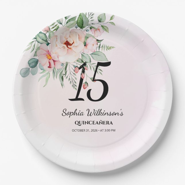 Assiettes En Carton Quinceanera Rose Floral Rustique 15ème anniversair (Devant)
