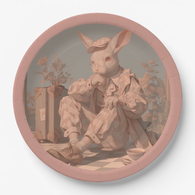 Assiettes En Carton Rabbit victorien attend, printemps (Devant)