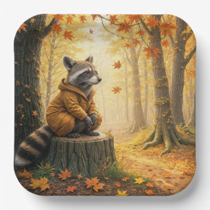 Assiettes En Carton Raccoon d'automne assis sur une souche d'arbre