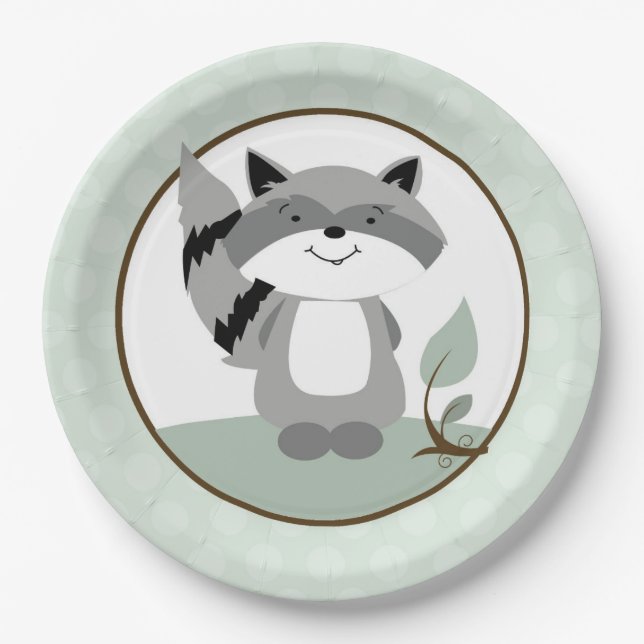 Assiettes En Carton Raccoon Woodland Plaque en papier | Vert (Devant)
