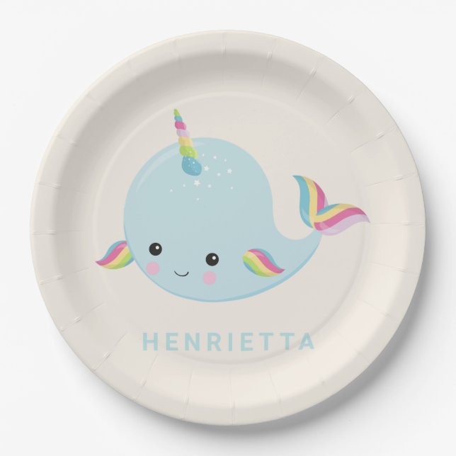 Assiettes En Carton Rainbow Narwhal Kawaii Motif Pastel Blue Nom (Devant)