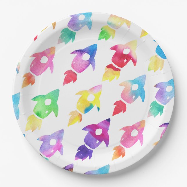 Assiettes En Carton Rainbow Rocket Ship Exterspace Anniversaire (Devant)