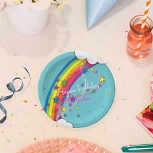 Assiettes En Carton Rainbow Stars Ciel Nuages et nom Joyeux anniversai
