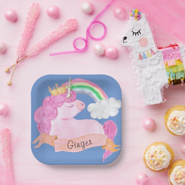 Assiettes En Carton 🌈 Rainbow Unicorn Nom personnalisé    (Fête)