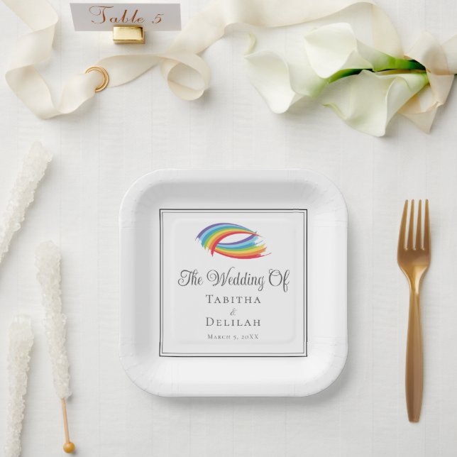 Assiettes En Carton Rainbow Waves Chic LGBT Carré Mariage (Mariage)