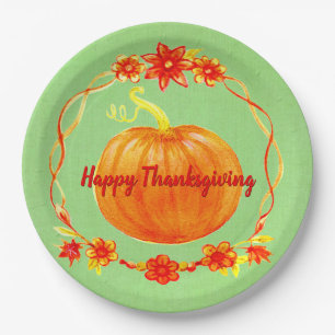 Assiettes En Carton Rapprocher le Citrouille de Thanksgiving sur Green