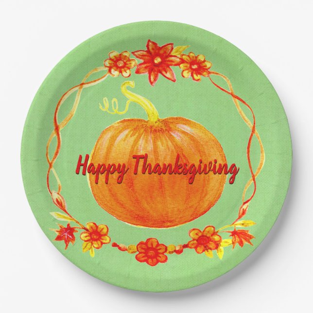 Assiettes En Carton Rapprocher le Citrouille de Thanksgiving sur Green (Devant)
