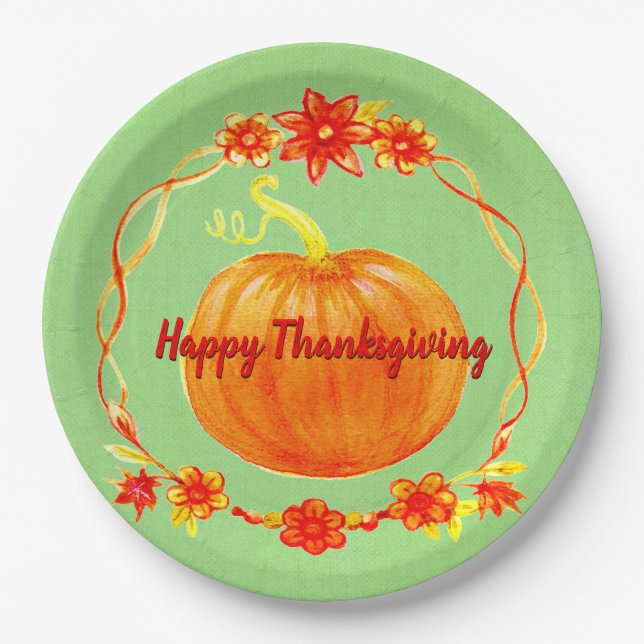 Assiettes En Carton Rapprocher le Citrouille de Thanksgiving vert (Devant)