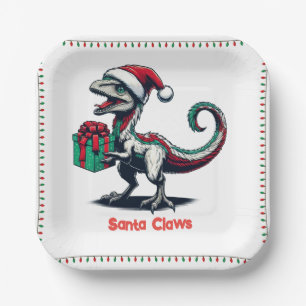 Assiettes En Carton raptor au chapeau de Noël de Père Noël