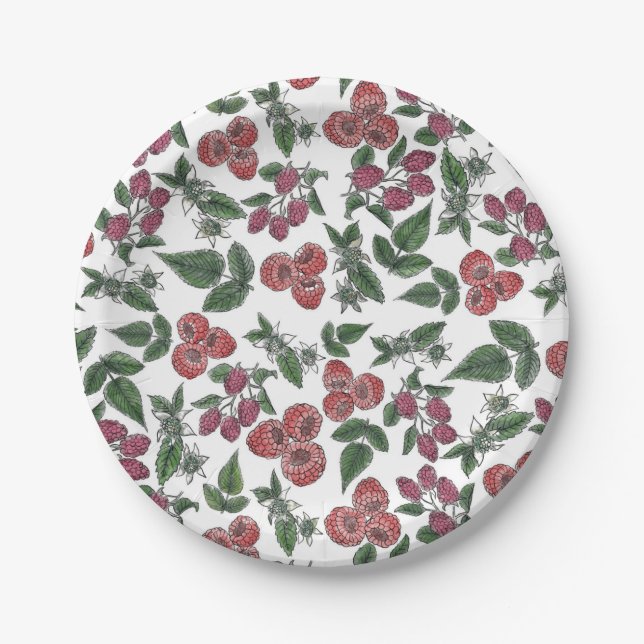 Assiettes En Carton Raspberry Fruit Leaves Illustration Pattern (Devant)