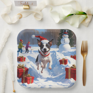 Assiettes En Carton Rat Terrier courant dans la neige avec un chapeau 