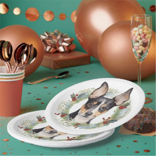 Assiettes En Carton Rat Terrier Fête de Noël Wreath Pup