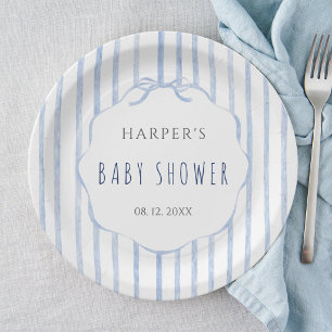 Assiettes En Carton Rayures bleues avec cadre festonné pour Baby Showe