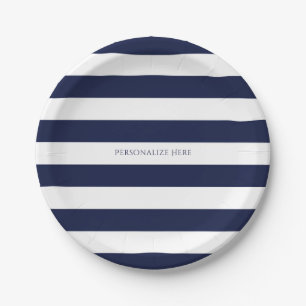 Assiettes En Carton Rayures bleues et blanches personnalisées rayées m