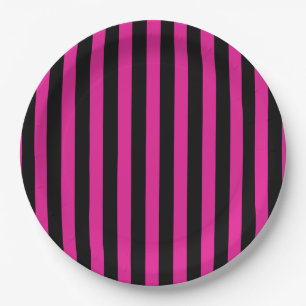 Assiettes En Carton Rayures de bonbon fuchsia et noir